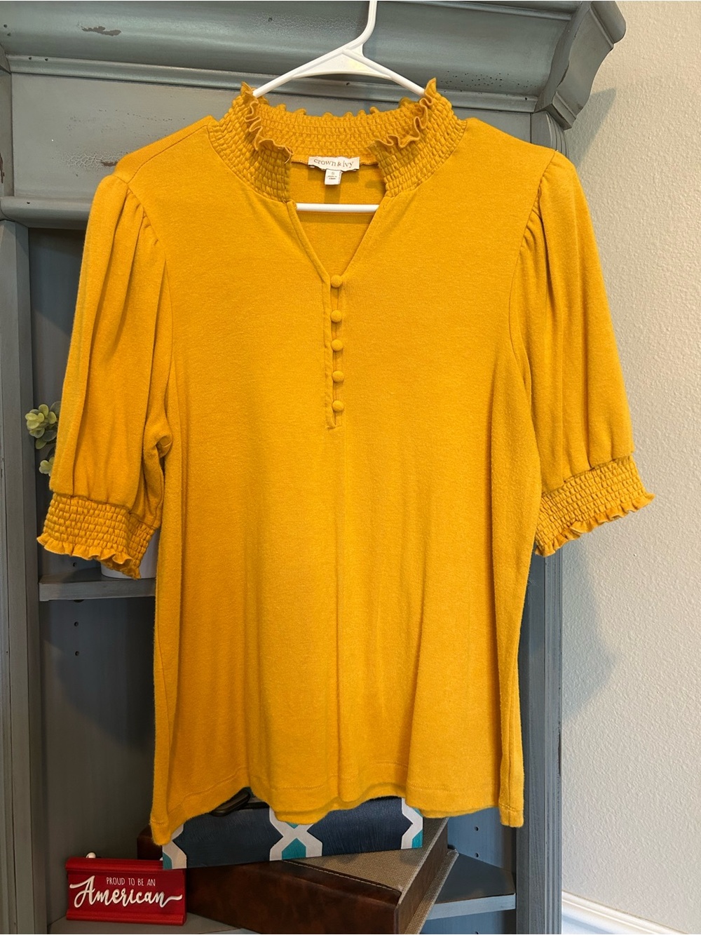 Crown & Ivy Mustard Yellow Puff Sleeve Smocked Neck Top